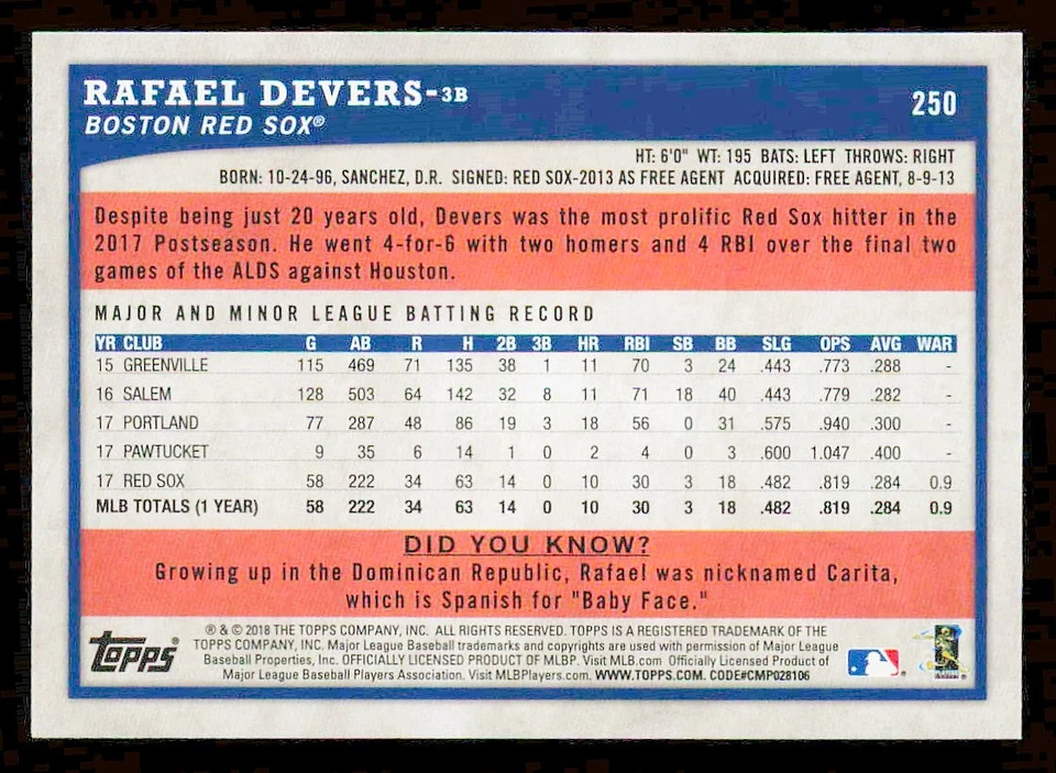 2018 Topps Big League #250 Rafael Devers Gold Rookie Boston Red Sox - Image 2 of 2