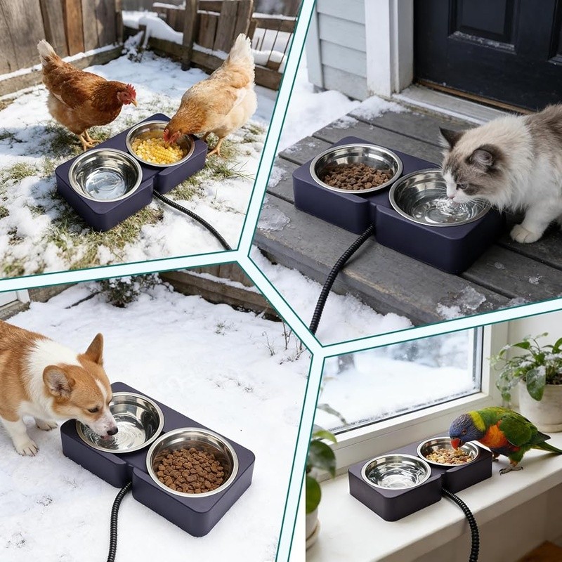 Heated Pet Bowl Cats Dogs Outdoor Use Ice-Free Water Food Double Bowls