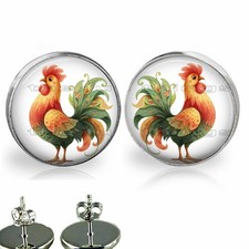 Watercolor Art Print Farm Animals Rooster Girls Stud Earrings Fashion Jewelry