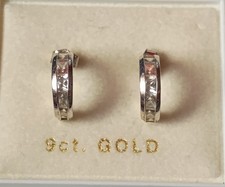 9ct Solid White Gold Diamante Huggie Half Hoop Earrings Pair 0.89g Vintage 375