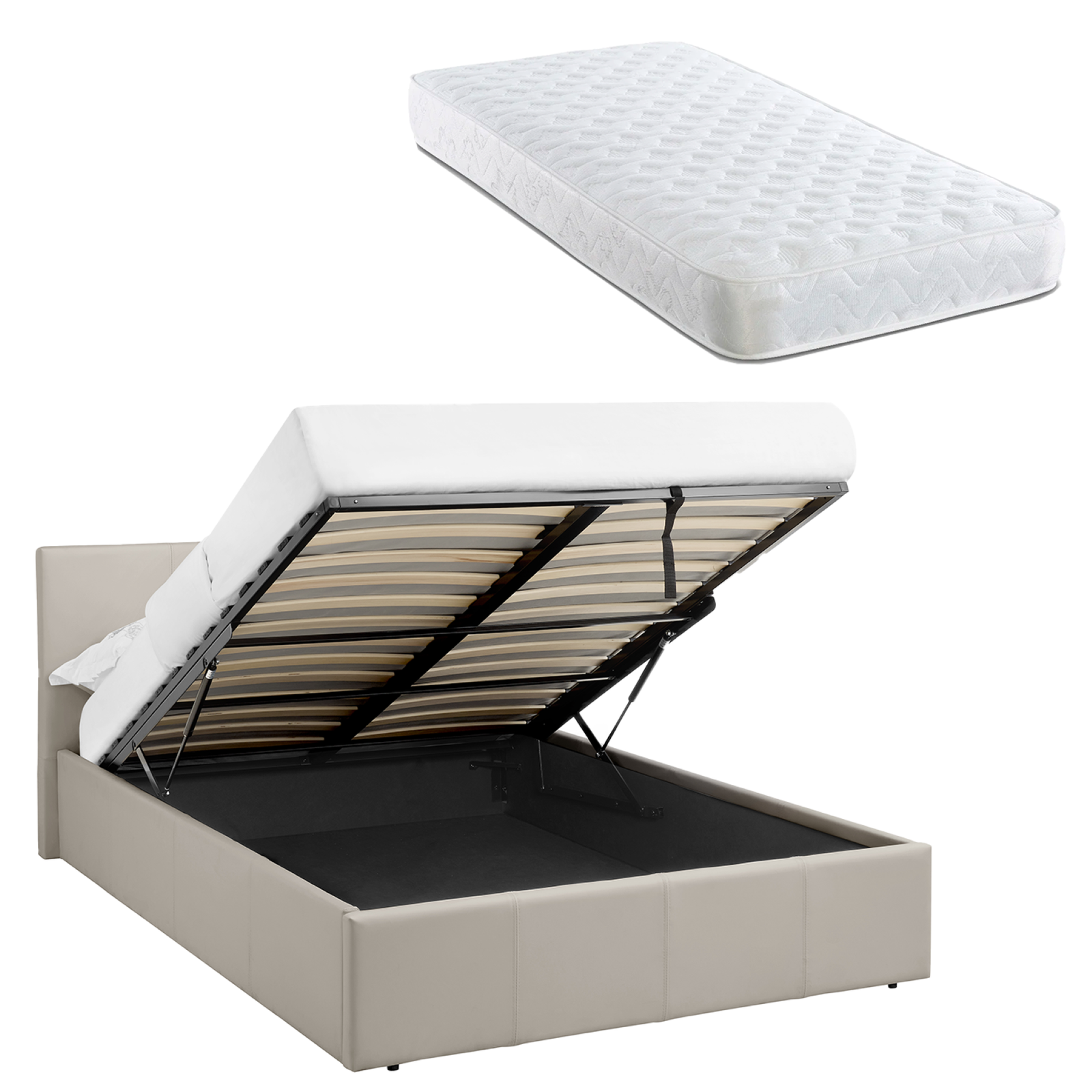 Single 3FT Storage Bed Cream Beige PU Leather + Sprung Mattress LUNA