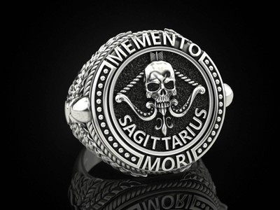 Memento Mori Sagittarius Zodiac  Signet Ring Sterling Silver 925 original Design