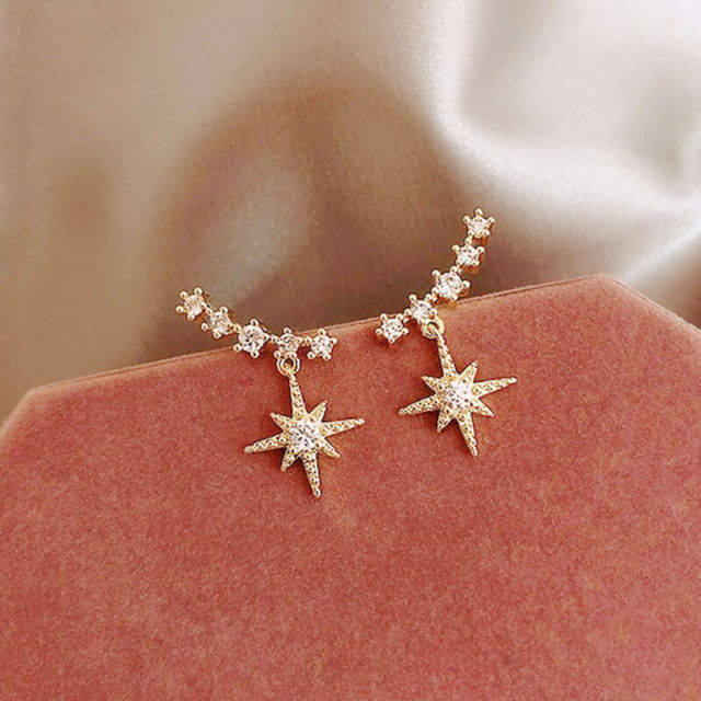 Party Stud Earring Women Elegant 925 Silver Gold Cubic Zircon Star Jewelry
