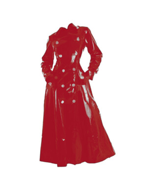Women's Red PVC Long Trench Coat Shiny Paten Emo Fashion