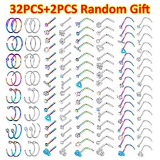 2-32PCS Surgical Steel Nose Rings Hoop Studs Cartilage Earring Body Piercing 20G