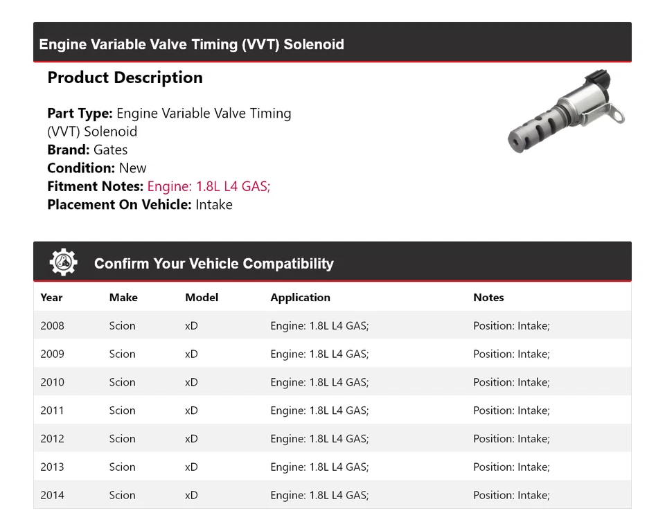 Puertas de admisión de solenoide VVT 2009 2010 para motor de gas Scion xD 2008-2014 1,8 L L L4 Foto 2 de 4