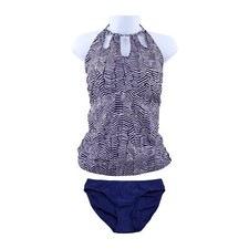 Island Escape Mikonos Playa Cuello Alto Tankini Traje de Baño Conjunto de 2 Piezas, Azul Marino/Blanco, 16