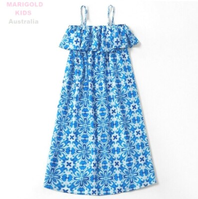 Blue Floral Mosaic Print Girls Maxi Dress (Size 4-5 Years) UK