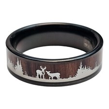 Men's Tungsten Hunting Ring Wedding Band Wood Inlay Deer Stag Silhouette Size 16