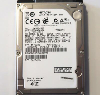 HTS725050A9A364 PN:0A72335 MLC:DA3212 (VLJY) Thailand 2.5'' 500gb Sata 08/2010