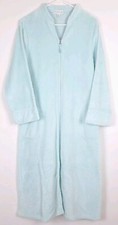 Miss Elaine Waffle Print Robe M Fleece Lt Blue Full Zip House Coat Pockets Cozy