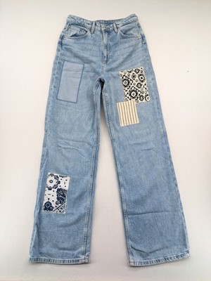H&M Damen Jeans Gr 170 Wide Leg High Waist Patchwork Hellblau Mom Weites Bein