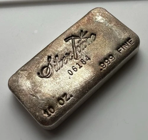 Vintage Silvertowne 10 Oz. .999 Fine Silver Bar, Waffleback, Low Serial, Toned