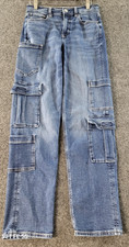 Super High Rise Baggy Straight Cargo Jeans Womens 2/27x31 Med Wash Whiskering