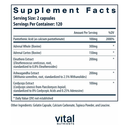 Vital Nutrients Adrenal Support 240 Capsules Stress Support - Picture 2 of 6