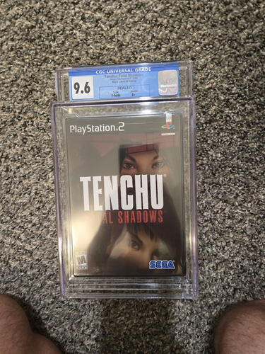 CGC 9.8 A+ Tenchu: Fatal Shadows PS2 case with dark hooded figure, red-orange background, and Sega logo on cover.