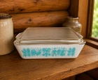 Vintage 0503 Milk Glass Pyrex Amish Butterprint Turquoise Blue Casserole & Cover