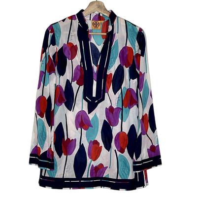 Tory Burch Womens Cotton Tulip Print Tunic Top White Purple Red Floral Size XS