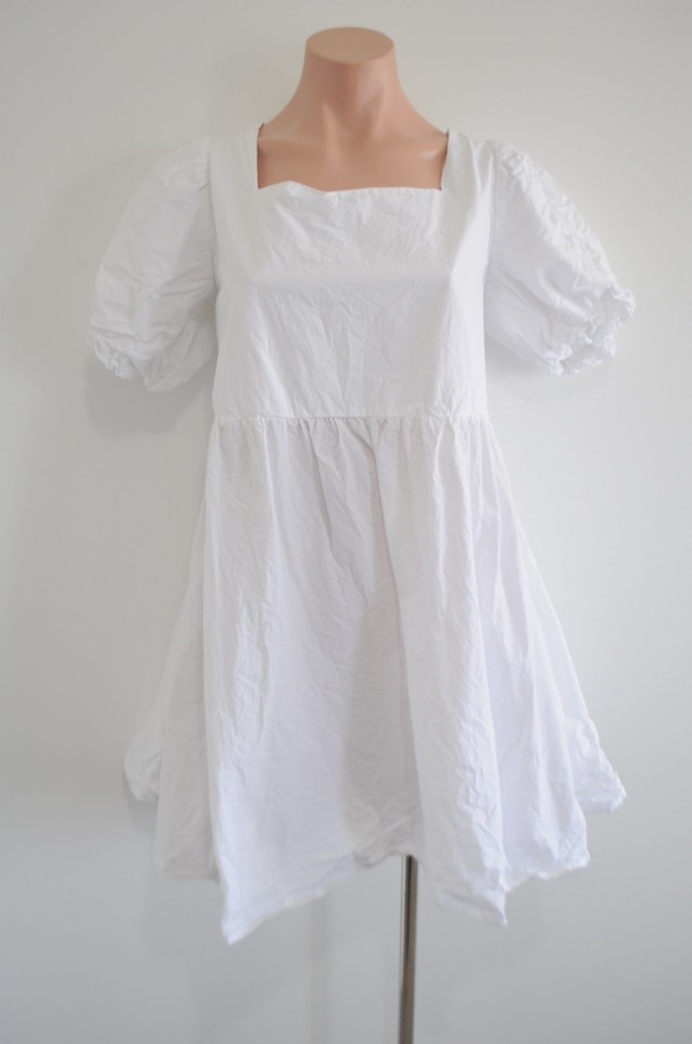 Blanca Dress Womens Size Small? White Cotton baby Doll Puff Sleeve Tie Back