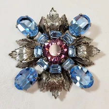 Vintage Schreiner Brooch Purple Blue Inverted Rhinestone Leaves