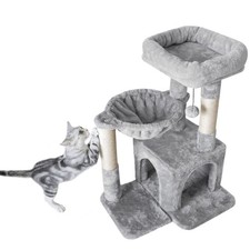 Cat Tree, Small Cat Tower with Sisal Scratching Post and Hammock Light Gray