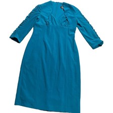 Adriana Papell Midi Dress Womens Sz 4 Ruched Long Sleeve Surplice Neck Teal Blue
