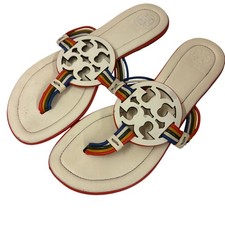 Tory Burch Miller Mignon Sandals Ivory Rainbow Strap Flat Slip On Sandals Size 5
