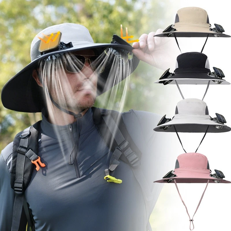 Outdoor Wide Brim Sun Hat with 2 Solar Fan UV Protection Hiking Camping Fishing