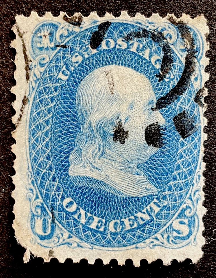 U.S. Scott #63 1861 bright blue Franklin 1 cent stamp fancy cancel sg60 cat £50  - Image 2 of 3
