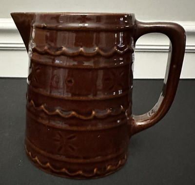 Vintage Marcrest Oven Proof Stoneware Pitcher Brown Daisy Floral Embossed Retro