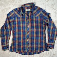VTG Wrangler Western Shirt Rainbow Plaid Purple Eyelet Pearl Snap Women  s 40 M
