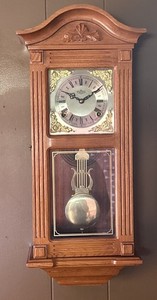 Vintage 1980s D & A Key Wind-Up Grandfather Hanging Clock Solid Wood, Working