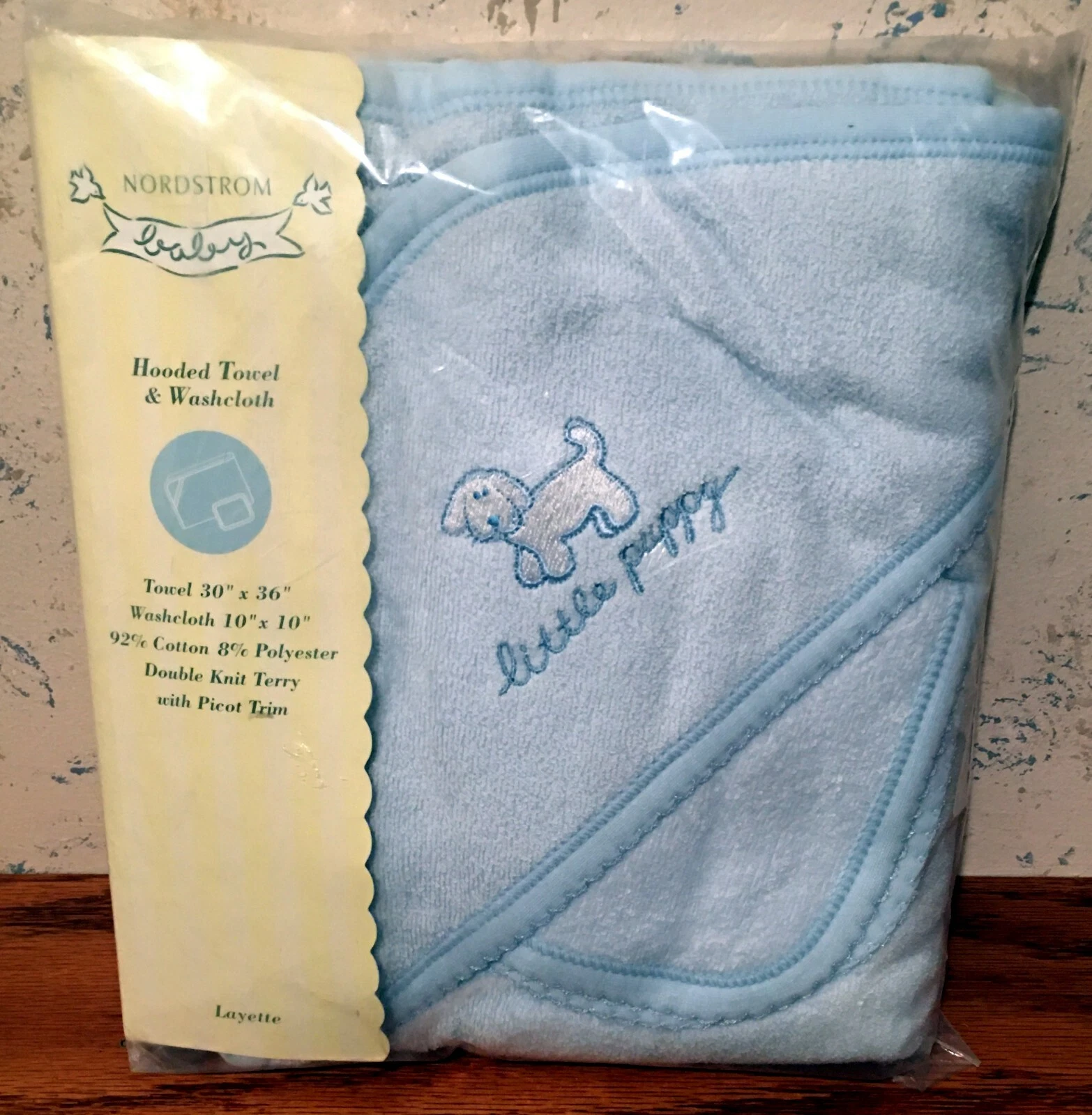 Nordstrom Baby Hooded Towel & Washcloth "Little Puppy" Blue Double Knit Terry