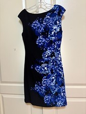 Ralph Lauren Ladies Black Blue Floral Lined Ruched Dress Size 10