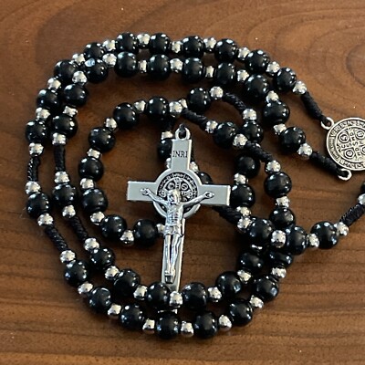 HOLIDAY SALE Saint St Benedict    made HolyLand Catholic Black Rosary Wood Beads