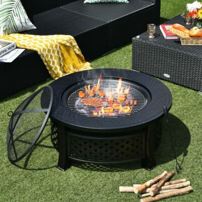 3 in 1 Runde Feuerstelle Set mit BBQ Grill und Regenschutz für Outdoor