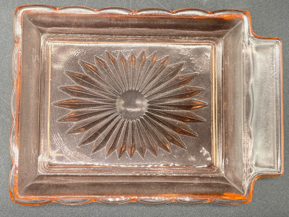 PINK GLASS BUTTER/CHEESE COVERED DISH 7.5" X 5.5" X 3" TALL, UNBRANDED