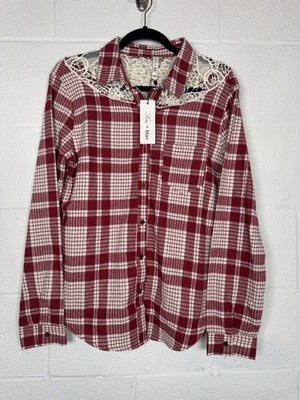 Lori + Mari Red Plaid Lace Yoke Shirt Cowgirl Western Button Down NWT M