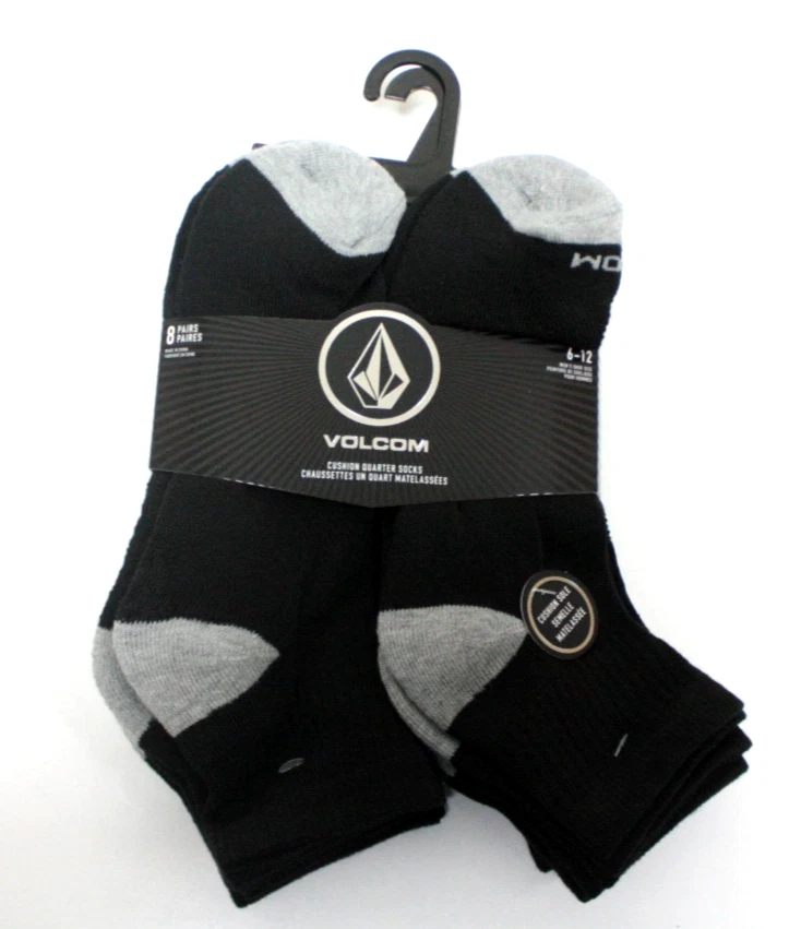 Volcom Cushioned Quarter Socks Black 8-Pack Men’s Shoe Size 6-12