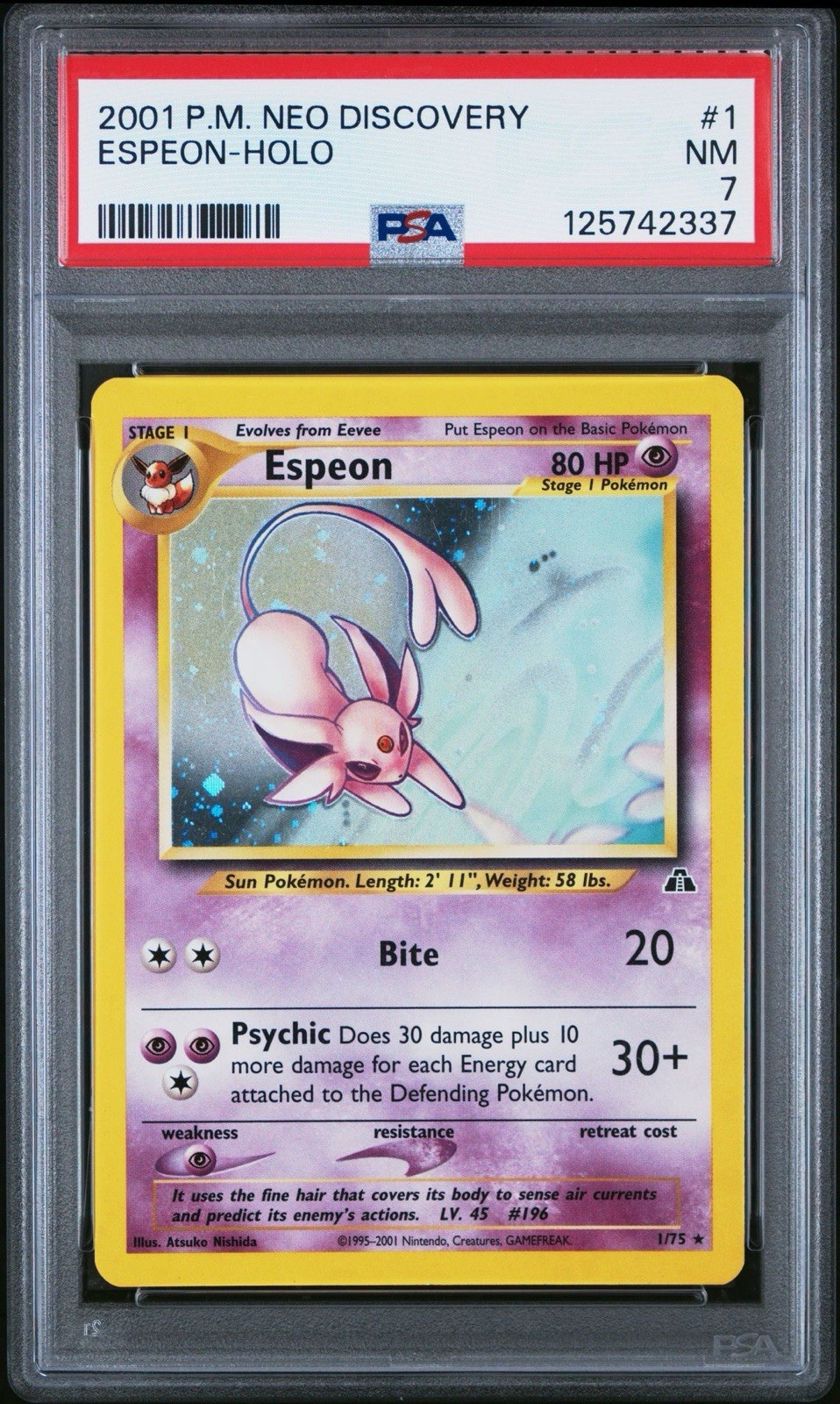 Pokémon Espeon Holo Neo Discovery 1/75 Unlimited Holo Rare PSA 7