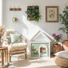 Transparent Roof Wooden Pet House with Floral Carvings FSC Cedar Indoor Shelter