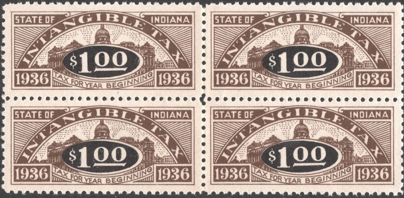 SRS IN D30 $1.00 Indiana Intangible Tax Revenue Block of Four (1936) MNH