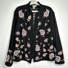 Coldwater Creek Embroidered Cardigan Jacket XL Black Paisley Blazer Open Front