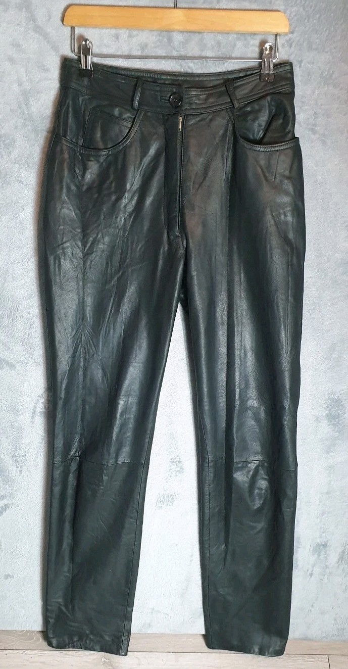 Pantalón Vintage Negro Cuero Real Reino Unido 10 W28 L32 High Rise Rocker Festival