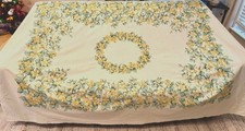 Vtg X Lg Tablecloth 80x62” White Yellow Green Floral Crowd Granny Retro 1950s-