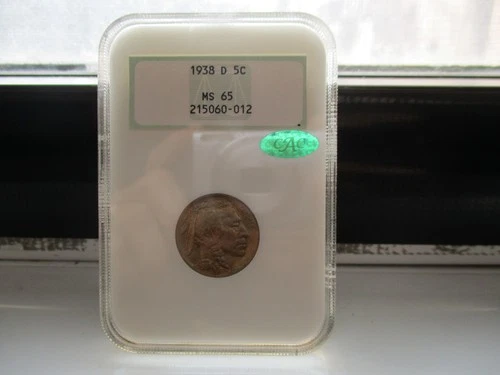 Toned 1938-D NGC MS 65 CAC Buffalo Nickel Old Fatty Holder Last Year Mintage