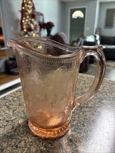 Pink Depression Glass Pitcher with Strawberries Vines Design Vintage US 1930’s