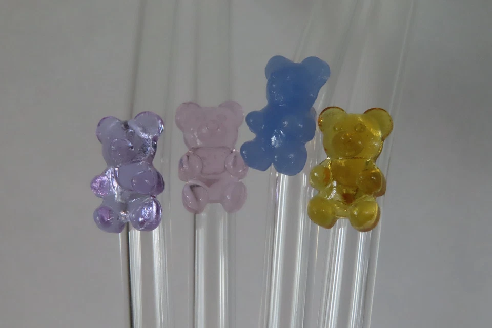 Adorable pajita de vidrio de oso de goma | Pajita ecológica y reutilizable | Juego de 4 Foto 2 de 4