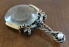Vintage Ornate Magnifying Glass Gold Tone Faux Pearl Rhinestone Small Delicate
