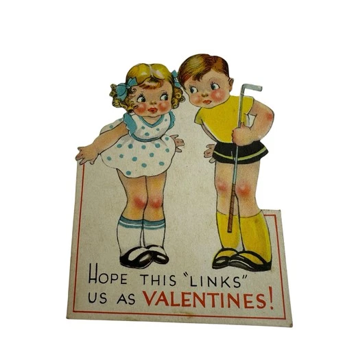 Vtg 1938 Die Cut  Valentine Golf “ Hope This Links Us As Valentines” Golf Club